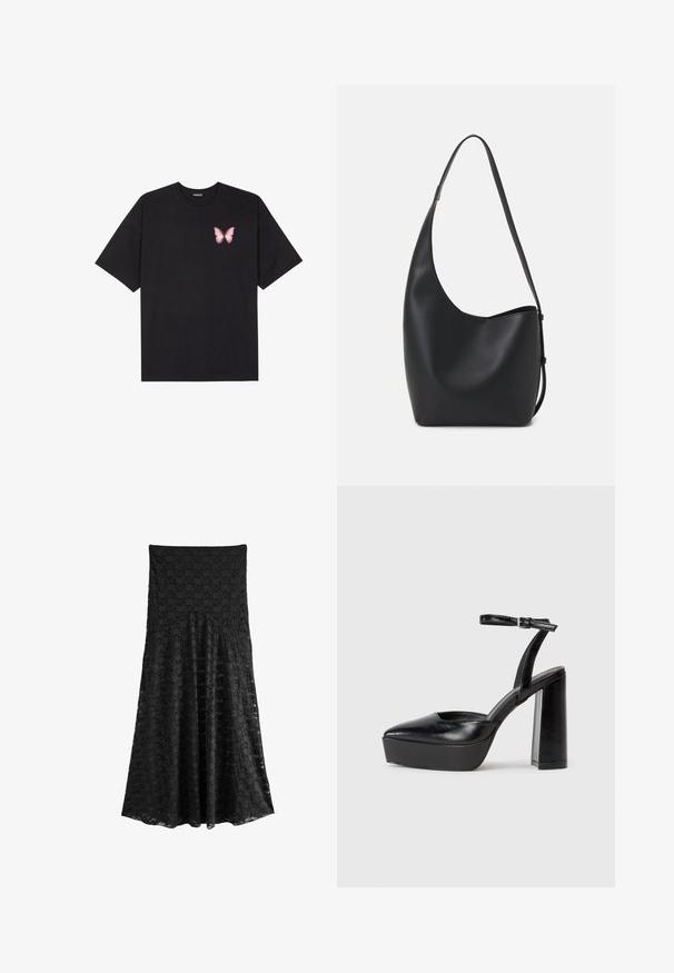 Fekete pamut póló rövid ujjakkal, bal mellkason egy kis rózsaszín pillangó grafikával. Kerek nyakú kialakítás, laza fazonnal.; Next REGULAR FIT - Maxi szoknya - black; Fekete platform magassarkú cipők hegyes orral és állítható bokapánttal. Sima bőrből készült, vastag talppal.; Fekete bőr hobo táska sima textúrával, ívelt formával és egyetlen állítható pánttal; széles nyílás található a tetején.