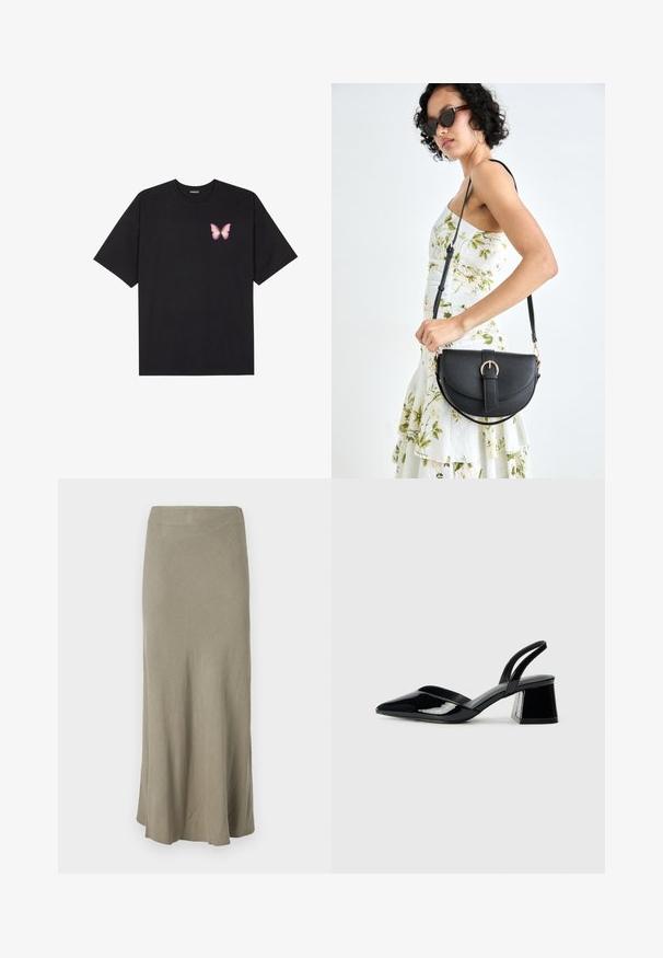 T-shirt de algodão preto com mangas curtas, apresentando um pequeno gráfico de borboleta rosa no lado esquerdo do peito. Design de gola redonda com um corte solto.; Saia de corte reto até ao joelho, feita de um tecido leve e suave, na cor verde oliváceo suave, com uma textura subtil e sem fechos visíveis.; Sandy em verniz preto com salto slingback, ponta afilada e salto geométrico. Apresenta um design elegante e minimalista com textura suave.; Bolsa de couro preta com forma curva, alça destacável e detalhes em dourado. A bolsa possui uma aba com detalhe de fivela.