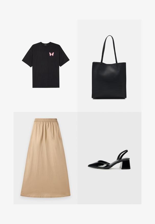 T-shirt en coton noir à manches courtes, avec un petit graphique de papillon rose sur la poitrine gauche. Modèle à col rond avec une coupe décontractée.; Jupe maxi beige en tissu léger, dotée d'une taille élastique et d'une texture lisse, avec un design droit et fluide.; Escarpins en cuir verni noir avec bout pointu et talon bloc géométrique. Présente un design élégant et minimaliste ainsi qu'une texture lisse.; Sac fourre-tout en cuir noir avec une texture lisse, de forme rectangulaire et deux longues poignées. Pas de matériel ou d'ornementations visibles.