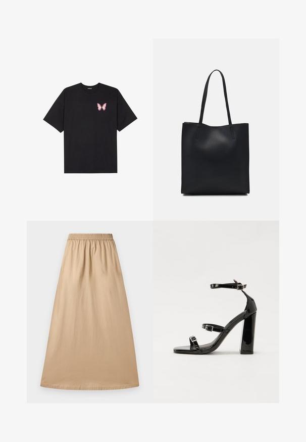 Musta puuvillapaita lyhyillä hihoilla, jossa on pieni vaaleanpunainen perhosgrafiikka vasemmassa rinnassa. Pyöreä kaula-aukko ja rento istuvuus.; Beige maxi hame, joka on valmistettu kevyestä kankaasta, jossa on joustava vyötärö ja sileä pinta, suoran ja virtaavan muotoilun kanssa.; Musta kiiltävä korkokenkä sandaalit neliönmuotoisella varpaalla, nilkkaremmillä ja hopeisilla soljilla. Varustettu tukevalla lohkokorkealla vakauden takaamiseksi.; Mustapahkainen kangaskassi, jossa on sileä pinta, suorakaiteen muotoinen ja kaksi pitkää kahvaa. Ei näkyvää metalliosaa tai koristeita.