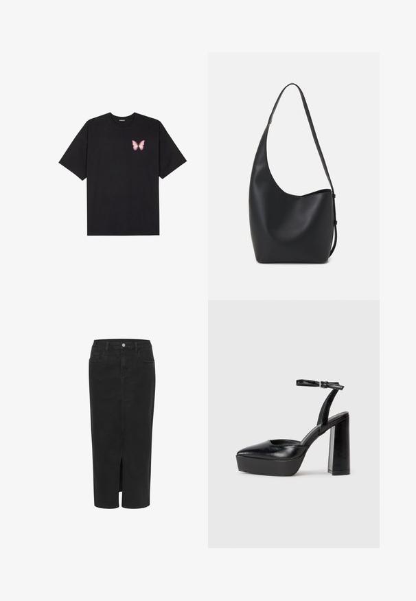 Svart bomullströja med korta ärmar, med en liten rosa fjärilsgrafik på vänster bröst. Rundad halsdesign med en avslappnad passform.; Svart denim midi kjol med framficka, rak skärning, fem fickor, knappstängning och bältesömlingar. Mjuk textur och klassisk design.; Svarta plattformsskor med spetsig tå och justerbart vristband. Tillverkade av mjukt läder, med en kraftig blockklack.; Svart läder hobo-väska med en slät textur, kurvig form och en justerbar axelrem; har en bred öppning upptill.
