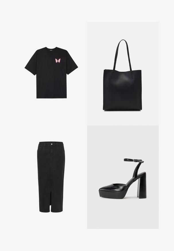 Fekete pamut póló rövid ujjakkal, bal mellkason egy kis rózsaszín pillangó grafikával. Kerek nyakú kialakítás, laza fazonnal.; Fekete farmer midi szoknya elülső részen hasítékkal, egyenes szabással, öt zsebből, gombos záródással és övhurkokkal. Puha textúrájú és klasszikus dizájnú.; Fekete platform magassarkú cipők hegyes orral és állítható bokapánttal. Sima bőrből készült, vastag talppal.; Fekete bőrtáska sima felszínnel, téglalap alakú, két hosszú füllel. Nincs látható fémkiegészítő vagy díszítés.