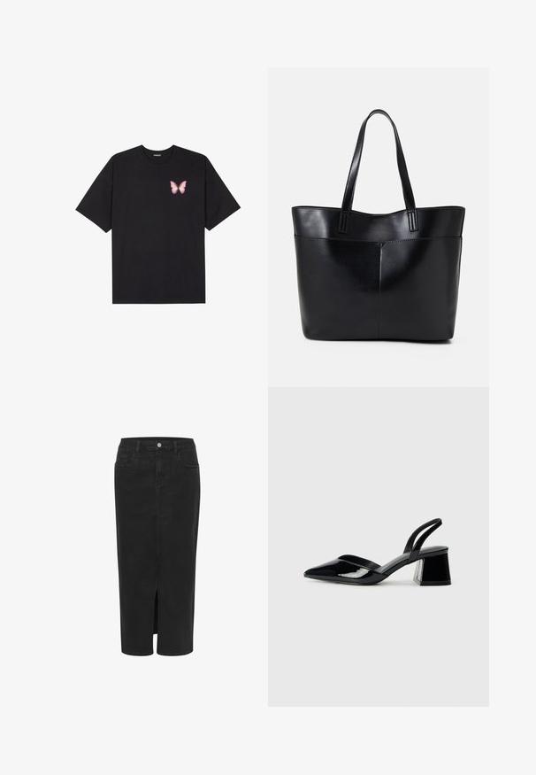 Black cotton t-shirt with short sleeves, featuring a small pink butterfly graphic on the left chest. Crew neck design with a relaxed fit.; Black denim midi skirt with front slit, straight cut, five pockets, button closure, and belt loops. Soft texture and classic design.; Black patent leather slingback heels with a pointed toe and a geometric block heel. Features a sleek, minimal design and smooth texture.; Black leather tote bag with two long handles, a smooth texture, and a structured shape. Features a front pocket for additional storage.