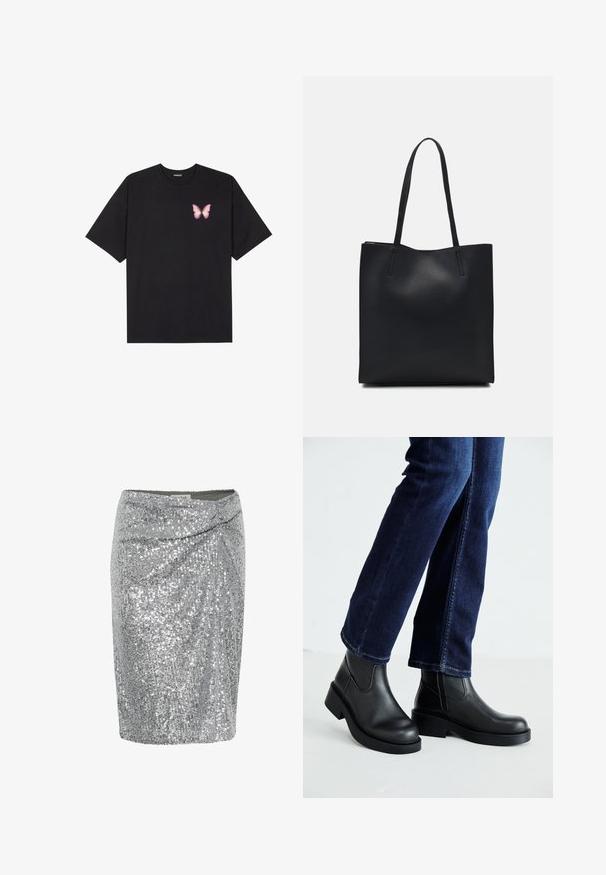 Juodas medvilnės marškinėliai trumpomis rankovėmis, su maža rožine drugelio grafika kairėje krūtinės pusėje. Apvalus kaklo iškirpimas, laisvas kirpimas.; Sidabrinė blizgi mini sijonas su apvyniojimo dizainu, turintis lygią tekstūrą ir priglundantį siluetą. Papuoštas spindinčiais blizgučiais.; Juoda odinė kulkšninių botų su storu padu ir šoninėmis elastinėmis detalėmis, derinama su tamsiai mėlynomis džinsais. Žemė šviesios spalvos.; Juodas odinis tote krepšys su lygia tekstūra, stačiakampio formos ir dviem ilgais rankenomis. Matomų metalinių detalių ar puošybos nėra.