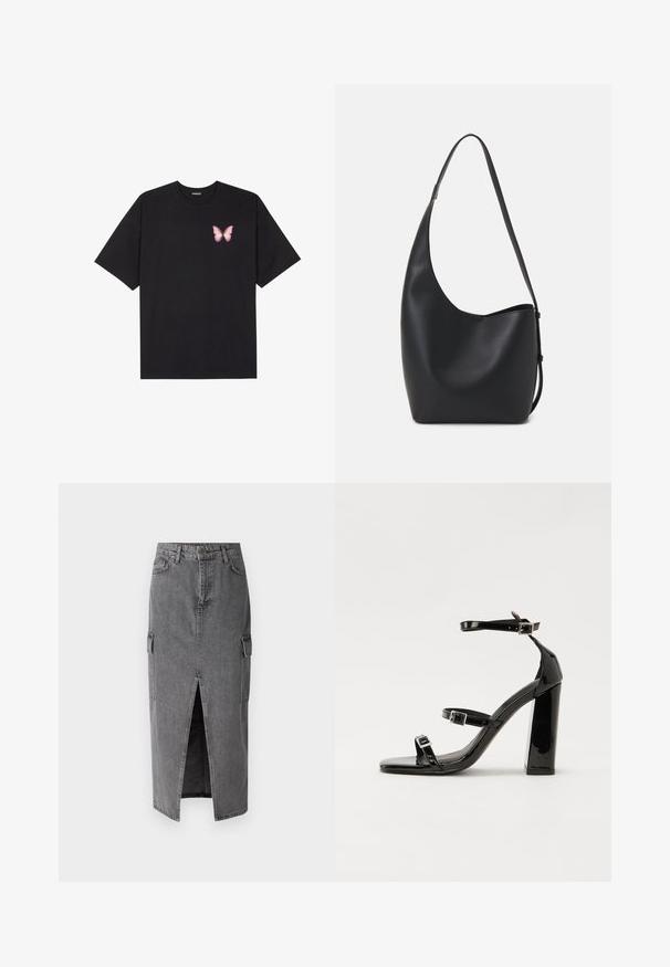 Fekete pamut póló rövid ujjakkal, bal mellkason egy kis rózsaszín pillangó grafikával. Kerek nyakú kialakítás, laza fazonnal.; Szürke farmer midi szoknya, egyenes szabással, két oldalsó zsebbel és elülső hasítékkal a könnyű mozgás érdekében. Klasszikus farmer textúra.; Fekete lakk magas sarkú szandál négyzet alakú orral, bokapántokkal és ezüst csatokat tartalmaz. Masszív blokk sarka a stabilitásért felel.; Fekete bőr hobo táska sima textúrával, ívelt formával és egyetlen állítható pánttal; széles nyílás található a tetején.