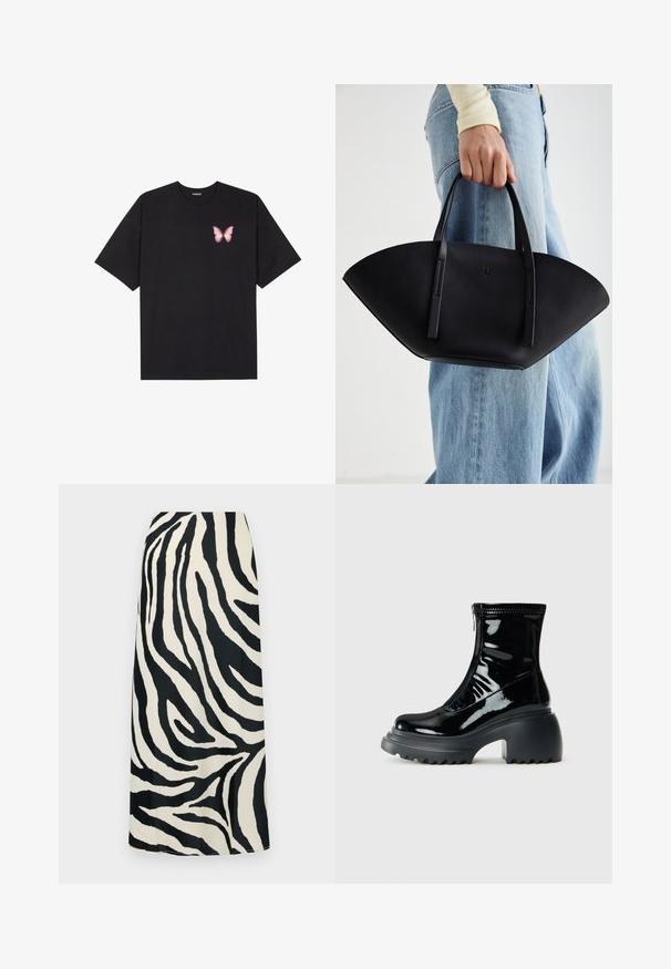 Melna kokvilnas T-krekls ar īsām piedurknēm, kuram priekšā kreisajā pusē ir neliels rozā tauriņa grafiskais attēls. Ar apaļu kaklu un brīvā stila piegriezumu.; Melnbalts zebra svītrots maxi svārki ar gludu tekstūru, ar augstu jostasvietu un taisnu siluetu.; Mirdzoši melni platformu potītes zābaki ar noapaļotu purngalu, masīvu papēdi, rāvējslēdzēju un biezu rievotu zoli uz balta fona.; Melnas ādas rokassoma ar unikālu ventilatora formu, aprīkota ar plakaniem rokturiem. Virsma ir ar graudainu faktūru un minimālistisku dizainu.