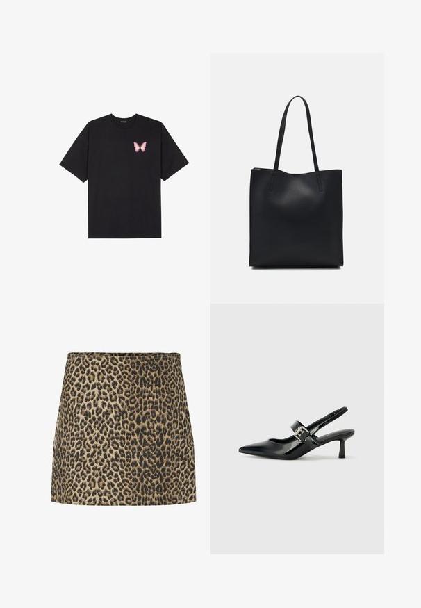 Svart bomulls T-skjorte med korte ermer, med en liten rosa sommerfugl grafikk på venstre bryst. Crew-neck design med en avslappet passform.; Leopardmønstret miniskjørt i beige og svart, laget av myk stoff med en glatt tekstur og rett snitt, med en enkel midjebånd.; Svarte patent lær slingback hæler med spiss tå og en liten blokkheel, med en sølvspenne som detalj på stroppen.; Svart lær tote bag med glatt tekstur, rektangulær form og to lange håndtak. Ingen synlige deler eller dekorasjoner.