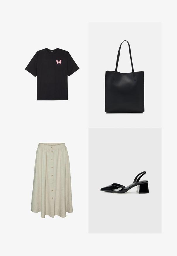 Musta puuvillapaita lyhyillä hihoilla, jossa on pieni vaaleanpunainen perhosgrafiikka vasemmassa rinnassa. Pyöreä kaula-aukko ja rento istuvuus.; Hame khakiväri, polven pituinen, rakenteellisesta kankaasta, napilla edessä, joustovyötäröllä ja aaltoilevalla muotoilulla.; Mustat patentoitu nahkakengät, joissa on säären takaosa ja terävä kärki, sekä geometrinen palikkakorko. Sisältää tyylikkään, minimalistisen muotoilun ja sileän pinnan.; Mustapahkainen kangaskassi, jossa on sileä pinta, suorakaiteen muotoinen ja kaksi pitkää kahvaa. Ei näkyvää metalliosaa tai koristeita.