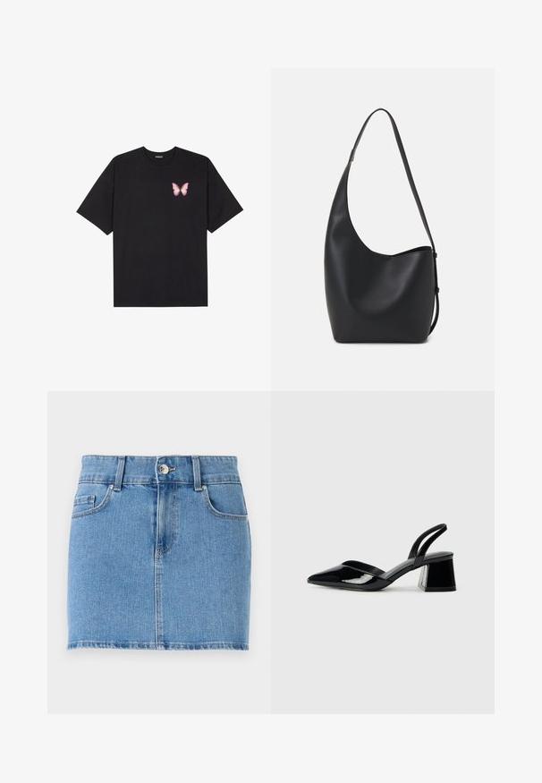 Svart bomulls T-skjorte med korte ermer, med en liten rosa sommerfugl grafikk på venstre bryst. Crew-neck design med en avslappet passform.; Jeans mini-skjørt i lyseblått. Har en tettsittende design, fem lommestil, knappelukking, og en rett hemkant med lett slitasje.; Svarte patentlær slingback hæler med spiss tå og geometrisk blokk hæl. Har et stilrent, minimalistisk design og jevn tekstur.; Svart lær hobo-veske med glatt tekstur, buet form og enkelt justerbart stropp; har en bred åpning på toppen.