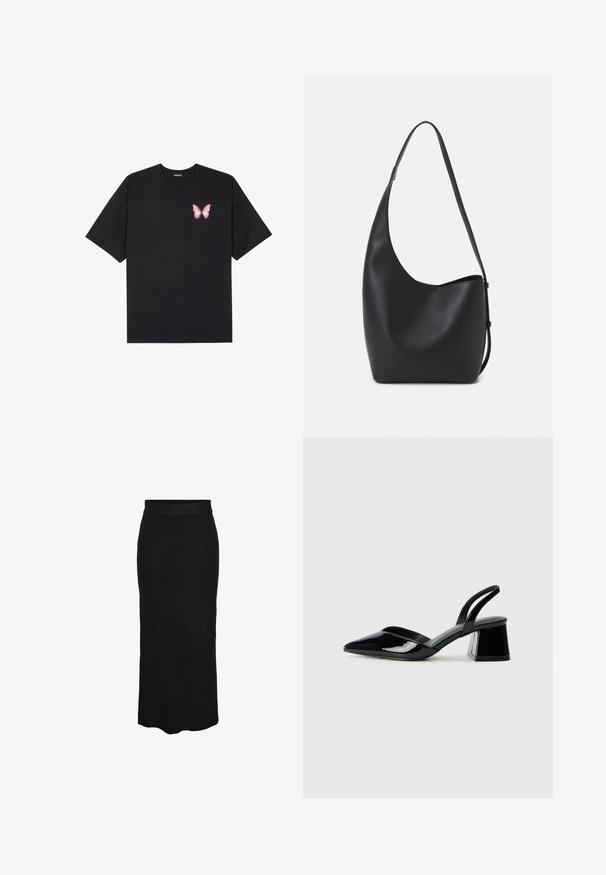 T-shirt en coton noir à manches courtes, avec un petit graphique de papillon rose sur la poitrine gauche. Modèle à col rond avec une coupe décontractée.; Pieces Jupe longue - black; Escarpins en cuir verni noir avec bout pointu et talon bloc géométrique. Présente un design élégant et minimaliste ainsi qu'une texture lisse.; Sac hobo en cuir noir avec une texture lisse, une forme incurvée et une seule sangle réglable ; dispose d'une large ouverture en haut.