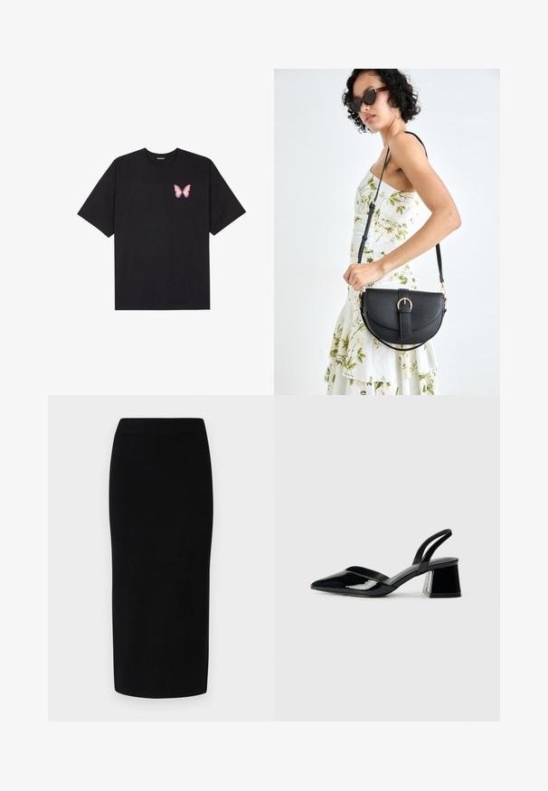 T-shirt en coton noir à manches courtes, avec un petit graphique de papillon rose sur la poitrine gauche. Modèle à col rond avec une coupe décontractée.; Jupe midi en tricot noir avec une silhouette ajustée, dotée d'une large taille élastique et d'une texture lisse, sans motifs ou accents discernables.; Escarpins en cuir verni noir avec bout pointu et talon bloc géométrique. Présente un design élégant et minimaliste ainsi qu'une texture lisse.; Sac à main en cuir noir avec une forme courbée, bandoulière amovible et des accessoires en or. Le sac est doté d'un rabat avec un détail de boucle.