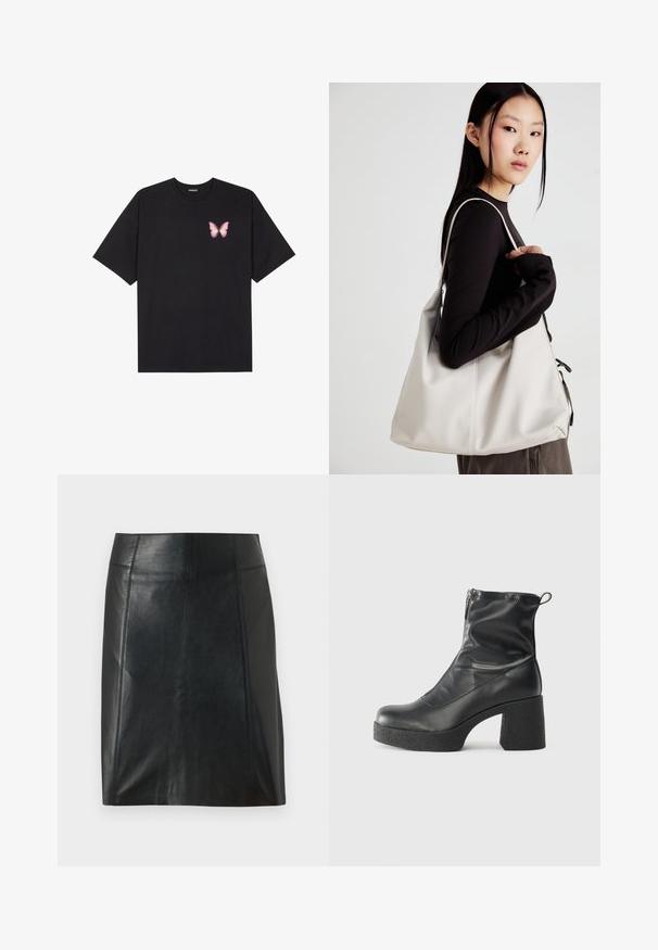 Black cotton t-shirt with short sleeves, featuring a small pink butterfly graphic on the left chest. Crew neck design with a relaxed fit.; Black leather skirt with a fitted design. Smooth texture, seams outlining shape, and a straight hem. Minimalistic and sleek appearance.; Black ankle boots made of smooth leather, featuring a side zipper, chunky textured heel, and rounded toe design.; Beige handbag made of soft material, featuring a slouchy design, stitched detailing, and two shoulder straps. Suitable for everyday use.