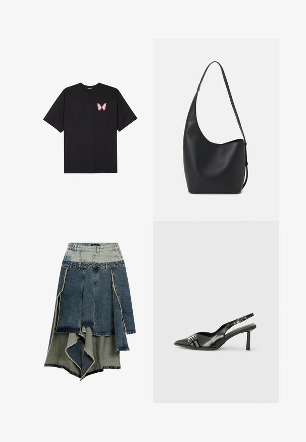 Must muströöpidega must puuvillane T-särk, vasakul rinnal on väike roosa liblikas. Ümar kaelus ja vabalt istuv lõige.; Denim seelik, millel on plaastridisain erinevates sinise ja rohelise toonides, kulunud servad, asümmeetriline allserv ja mitmeosalised paneelid.; Must musta nahk kingad sanga ja terava ninaga, ankle strapidega, millel on hõbedased pandlad ja riistvara ning õhuke konts.; Mustast nahast hobo kott, millel on sile tekstuur, kumer kuju ja üks reguleeritav rihm; peal on lai avaus.