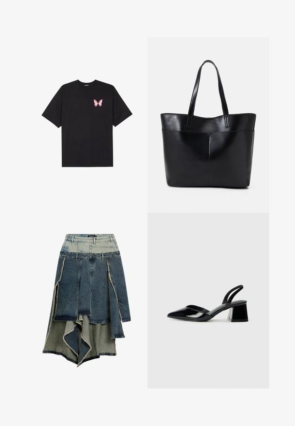 Juodas medvilnės marškinėliai trumpomis rankovėmis, su maža rožine drugelio grafika kairėje krūtinės pusėje. Apvalus kaklo iškirpimas, laisvas kirpimas.; Džinsinė sijonas su siuvinėjimo dizainu, turinčiu įvairias mėlynos ir žalios spalvų atspalvius, su nusidėvėjusiais kraštais, asimetriniu apvadu ir daugybe segmentų.; Juodos lakuotos odinės šlepetės su smailiu pirštu ir geometriniu bloko kulnu. Turi elegantišką, minimalistinį dizainą ir lygų paviršių.; Juoda odinė rankinė su dviem ilgais diržais, lygiu paviršiumi ir struktūrizuota forma. Yra priekinė kišenė papildomam saugojimui.