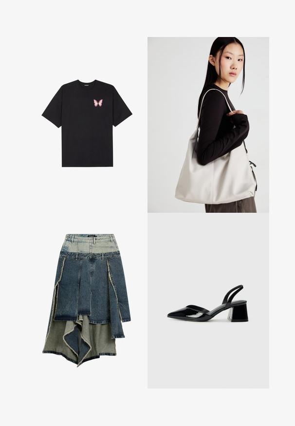 Čierne bavlnené tričko s krátkymi rukávmi, s malým ružovým motýlikom na ľavej hrudi. Design s okrúhlym výstrihom a uvoľneným strihom.; Džínová sukňa s patchworkovým dizajnom v rôznych odtieňoch modrej a zelenej, obhryzené okraje, asymetrický lem a viaceré panely.; Čierne lakované kožené sandálové podpätky s špicatou špičkou a geometrickým blokovým podpätkom. Disponujú elegantným, minimalistickým dizajnom a hladkým povrchom.; Béžová kabelka vyrobená z mäkkého materiálu, s uvoľneným dizajnom, prišitými detailmi a dvoma popruhmi na nosenie na pleciach. Vhodná na každodenné nosenie.