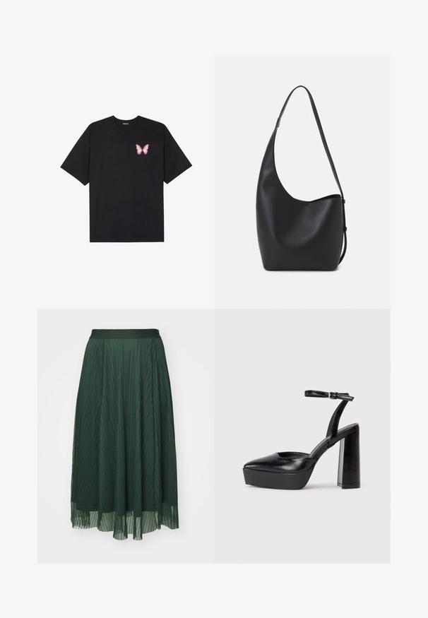 Juodas medvilnės marškinėliai trumpomis rankovėmis, su maža rožine drugelio grafika kairėje krūtinės pusėje. Apvalus kaklo iškirpimas, laisvas kirpimas.; Žalia plisuota iki midi ilgio sijonas su lygaus juosmens, su sluoksniuotu permatomu audiniu ir sklandžiu dizainu. Tekstūra atrodo lengva ir subtili.; Juodi platforminiai aukšti kulniukai su smailiu kojų pirštu ir reguliuojamu kulkšnies dirželiu. Pagaminti iš lygaus odos, turi masyvų blokinį kulną.; Juodas odinis hobo maišas su lygiu paviršiumi, kreipta forma ir viena reguliuojama rankena; turi platų atidarymą viršuje.