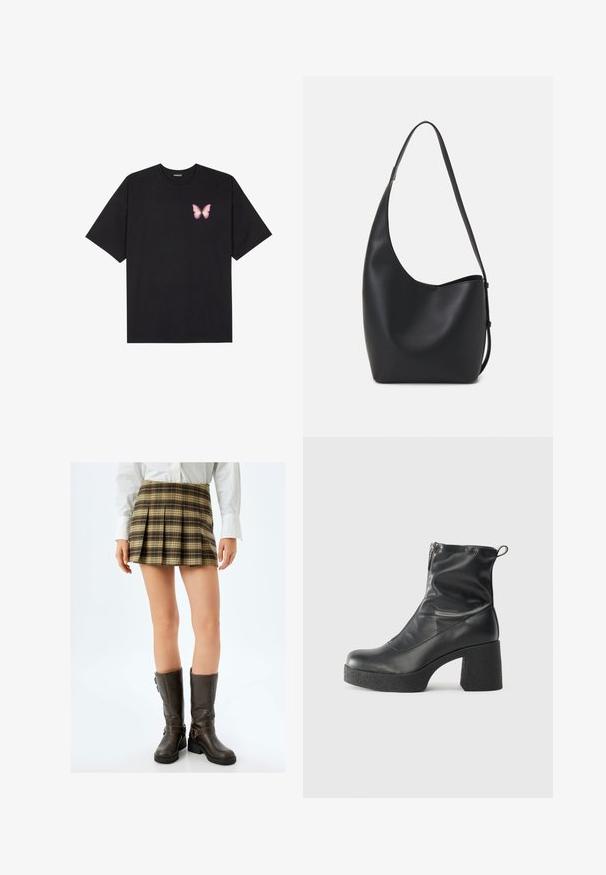Schwarzes Baumwoll-T-Shirt mit kurzen Ärmeln, das ein kleines pinkes Schmetterlingsmotiv auf der linken Brust zeigt. Crewneck-Design mit einem entspannten Schnitt.; Braun kariertes, gefälteltes Minirock mit beige- und grünfarbenen Akzenten, kombiniert mit eng anliegenden braunen kniehohen Stiefeln mit Schnallen und einer strukturierten Oberfläche.; Schwarze Stiefeletten aus glattem Leder mit seitlichem Reißverschluss, klobigem strukturiertem Absatz und runder Zehenform.; Schwarze Leder-Hobo-Tasche mit einer glatten Textur, geschwungener Form und einem einzelnen verstellbaren Tragegurt; verfügt über eine weite Öffnung am oberen Ende.