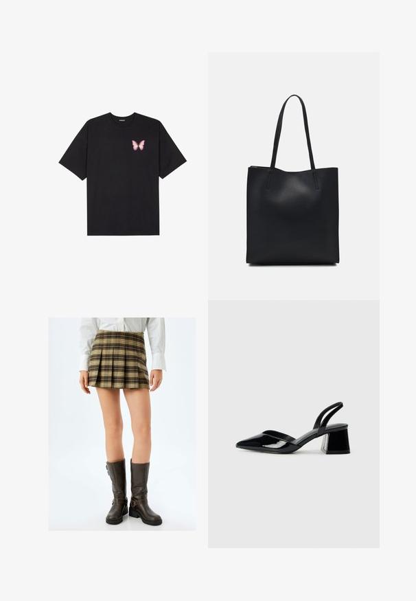 T-shirt nera in cotone con maniche corte, caratterizzata da una piccola grafica di una farfalla rosa sul lato sinistro del petto. Design a girocollo con una vestibilità rilassata.; Gonna mini a pieghe a quadri marrone con accenti beige e verdi, abbinata a stivali a metà polpaccio marroni aderenti con fibbie e una finitura testurizzata.; Décolleté in vernice nera con punta affusolata e tacco in geometria cubica. Presentano un design elegante e minimalista, con una texture liscia.; Borsa tote in pelle nera con texture liscia, forma rettangolare e due manici lunghi. Nessun hardware o decorazione visibile.