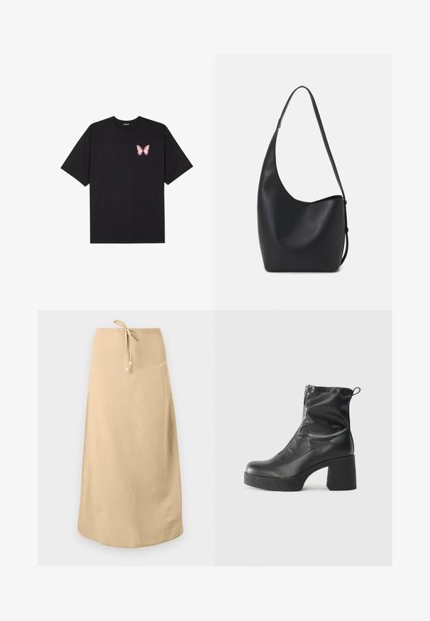 Črna bombažna majica s kratkimi rokavi, ki ima majhen roza metuljček na levi strani prsnega dela. Majica s krožnim ovratnikom in sproščenim krojem.; Bež lanena krila s pasom na vrvico, s gladko teksturo in zaobljenim robom. Okrašena z majhnimi dekorativnimi biseri na vrvicah.; Črne gležnjarje iz gladke kože z božnim zadrgo, masivnim teksturiranim peto in zaobljeno obliko prstov.; Črna usnjena hobo torba z gladko teksturo, ukrivljeno obliko in eno nastavljivo naramnico; ima širok odprtina na vrhu.