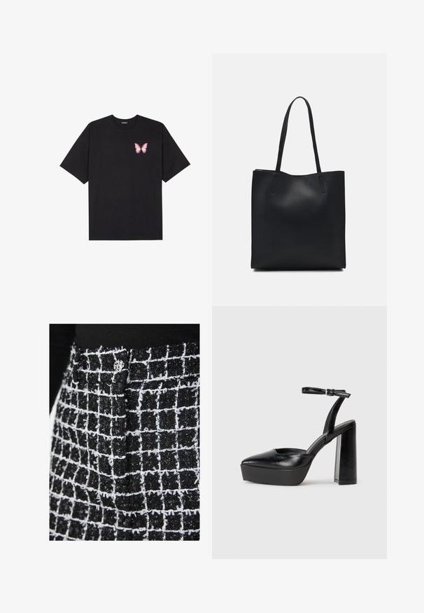 Fekete pamut póló rövid ujjakkal, bal mellkason egy kis rózsaszín pillangó grafikával. Kerek nyakú kialakítás, laza fazonnal.; Fekete-fehér mintázatú anyag, textúrált felülettel, rácsos mintázattal és fényes ezüst díszítéssel a derékrészen.; Fekete platform magassarkú cipők hegyes orral és állítható bokapánttal. Sima bőrből készült, vastag talppal.; Fekete bőrtáska sima felszínnel, téglalap alakú, két hosszú füllel. Nincs látható fémkiegészítő vagy díszítés.