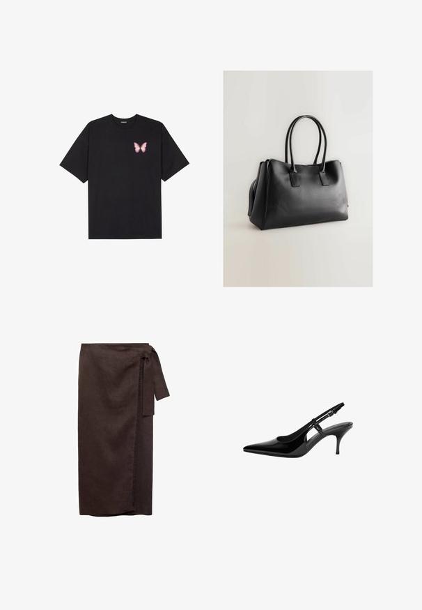 T-shirt en coton noir à manches courtes, avec un petit graphique de papillon rose sur la poitrine gauche. Modèle à col rond avec une coupe décontractée.; Jupe en lin marron avec une taille nouée, silhouette droite et bords effilochés. Texture douce et design long jusqu'au sol.; Escarpin en vernis noir avec bout pointu, découpes latérales ouvertes, talon fin et bride réglable à la cheville.; Sac fourre-tout en cuir synthétique noir avec des anses longues doubles, une forme structurée, une texture lisse et un design minimaliste. Pas de matériel ou d'accents visibles.