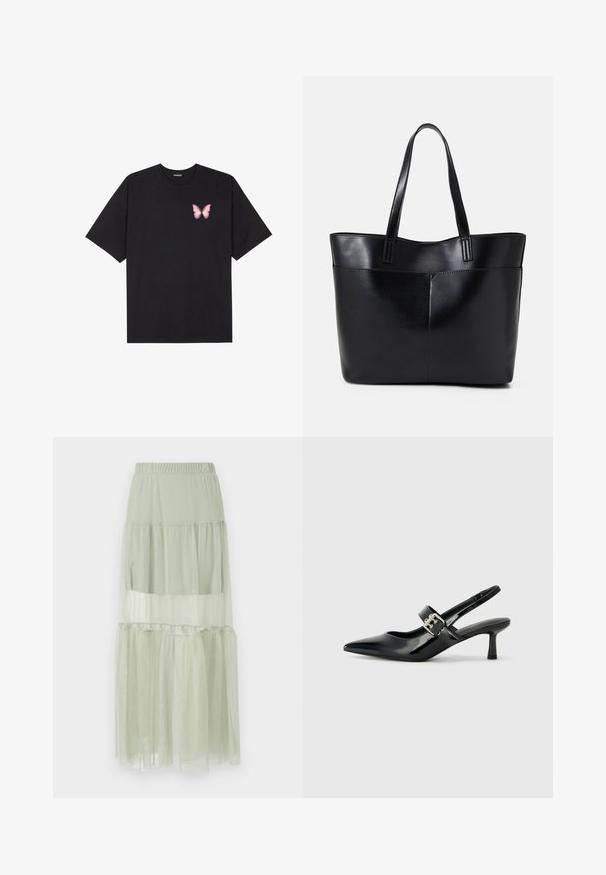T-shirt en coton noir à manches courtes, avec un petit graphique de papillon rose sur la poitrine gauche. Modèle à col rond avec une coupe décontractée.; Jupe superposée vert clair en tissu transparent, dotée d'une taille élastique et d'un design fluide à plusieurs niveaux avec une texture douce.; Escarpins slingback en cuir verni noir avec un bout pointu et un petit talon bloc, mettant en avant un accent en boucle argentée sur la sangle.; Sac fourre-tout en cuir noir avec deux longues poignées, une texture lisse et une forme structurée. Dispose d'une poche avant pour un rangement supplémentaire.