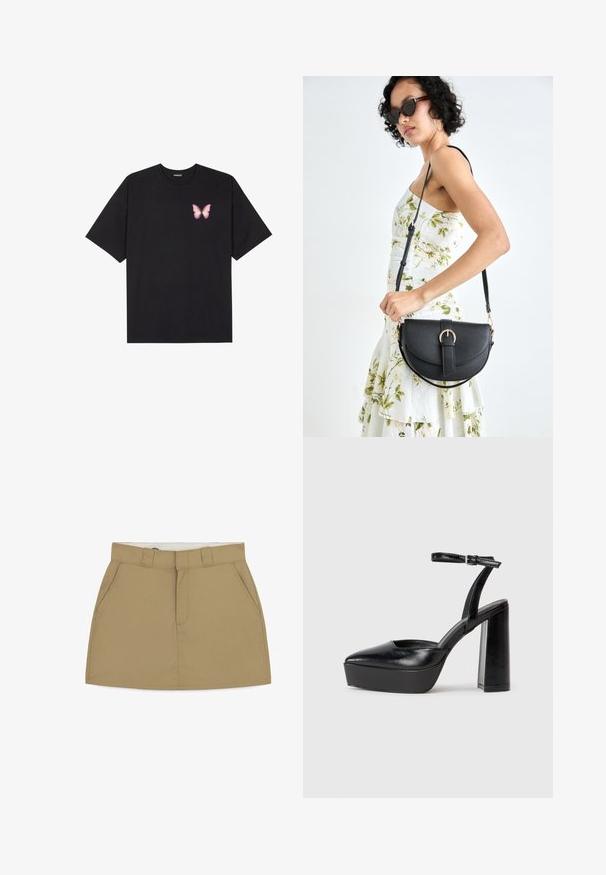 T-shirt en coton noir à manches courtes, avec un petit graphique de papillon rose sur la poitrine gauche. Modèle à col rond avec une coupe décontractée.; Jupe kaki avec une taille ajustée, passants de ceinture, deux poches latérales et une fermeture éclair à l'avant. Fabriquée en tissu lisse et structuré avec une finition soignée.; Escarpins noirs à plateforme avec un bout pointu et une sangle réglable à la cheville. Conçus en cuir lisse, avec un large talon bloc.; Sac à main en cuir noir avec une forme courbée, bandoulière amovible et des accessoires en or. Le sac est doté d'un rabat avec un détail de boucle.