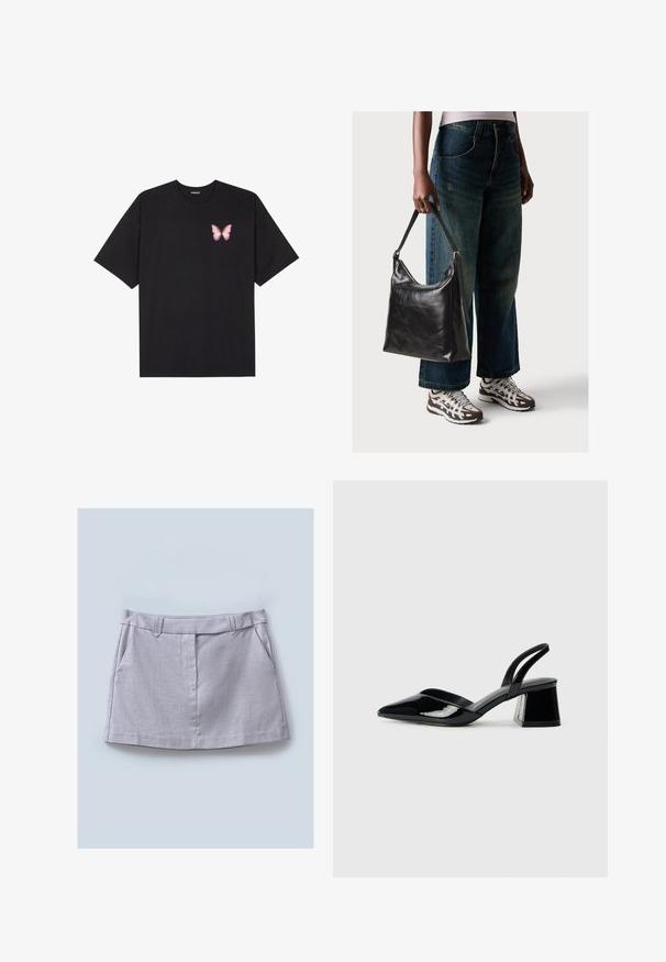 T-shirt nera in cotone con maniche corte, caratterizzata da una piccola grafica di una farfalla rosa sul lato sinistro del petto. Design a girocollo con una vestibilità rilassata.; Gonna grigia con una texture liscia, dotata di una vita piatta, due tasche frontali e un design dritto.; Décolleté in vernice nera con punta affusolata e tacco in geometria cubica. Presentano un design elegante e minimalista, con una texture liscia.; Borsa a tracolla nera in pelle con una texture liscia e tracolla regolabile, abbinata a jeans ampi sbiaditi e sneakers sportive.