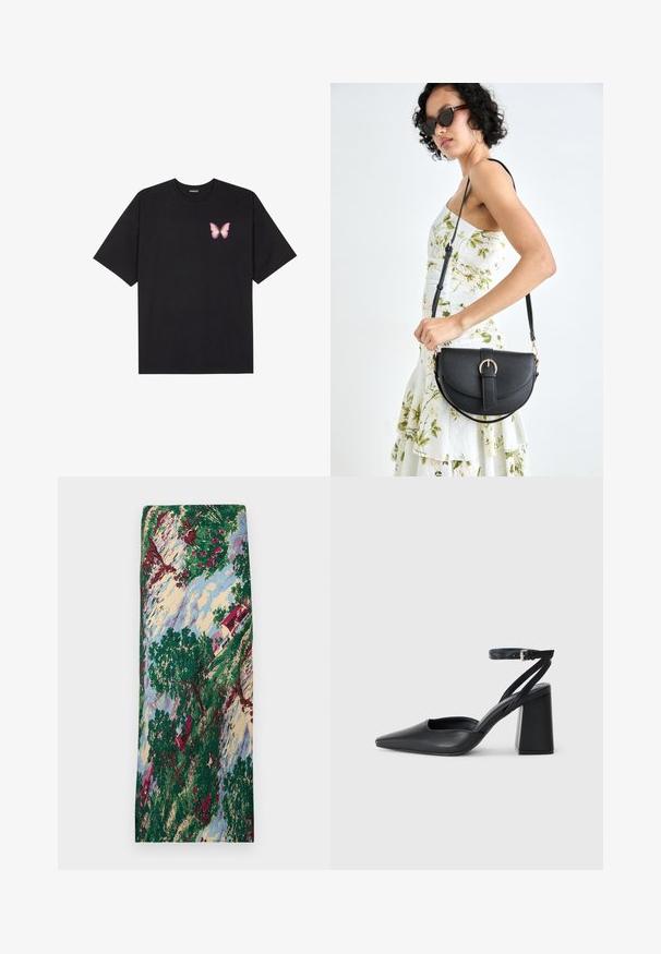 T-shirt nera in cotone con maniche corte, caratterizzata da una piccola grafica di una farfalla rosa sul lato sinistro del petto. Design a girocollo con una vestibilità rilassata.; Tessuto stampato con un paesaggio che presenta alberi verdi, fiori rossi, una casa con tetto rosso e un cielo blu. Texture liscia.; Pump in pelle nera con punta affusolata, cinturino alla caviglia e tacco spesso. Texture piatta, design elegante ed estetica minimalista.; Borsa a tracolla nera in pelle con una forma curva, manico rimovibile e accessori dorati. La borsa presenta una patta con un dettaglio a fibbia.