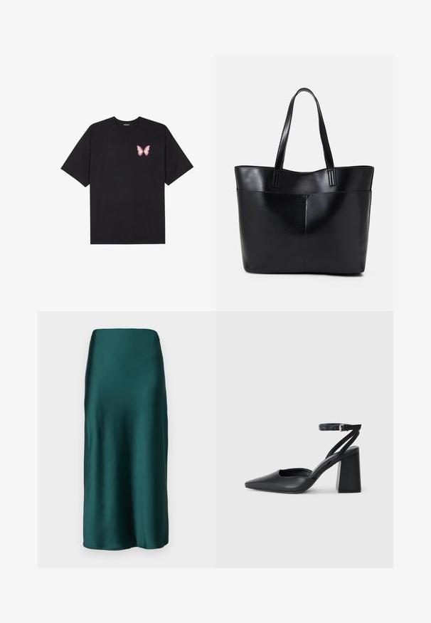 Schwarzes Baumwoll-T-Shirt mit kurzen Ärmeln, das ein kleines pinkes Schmetterlingsmotiv auf der linken Brust zeigt. Crewneck-Design mit einem entspannten Schnitt.; Gina Tricot ELASTIC MIDI SKIRT - Maxirock - ponderosa pine; Schwarze Leder-Pumps mit spitzer Zehe, einem Knöchelriemen und einem blockigen Absatz. Flache Textur, elegantes Design und minimalistische Ästhetik.; Schwarze Leder-Shopper-Tasche mit zwei langen Griffen, einer glatten Textur und einer strukturierten Form. Verfügt über eine Vordertasche für zusätzlichen Stauraum.