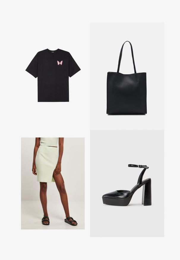 Zwarte katoenen t-shirt met korte mouwen, voorzien van een kleine roze vlinder graphic op de linkerkant van de borst. Crew neck ontwerp met een relaxte fit.; Lichtgroene geribde gebreide rok met een hoge split tot de bovenbeen, gecombineerd met zwarte sliders. Eenvoudig, aansluitend ontwerp benadrukt de textuur en kleur.; Zwarte plateauhakken met een puntige neus en verstelbare enkelband. Gemaakt van soepel leer, met een robuuste blokhak.; Zwarte leren handtas met een gladde textuur, rechthoekige vorm en twee lange handvaten. Geen zichtbare hardware of versieringen.