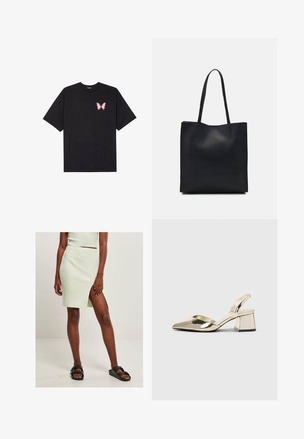 Must muströöpidega must puuvillane T-särk, vasakul rinnal on väike roosa liblikas. Ümar kaelus ja vabalt istuv lõige.; Heled roheline soonikriie seelik kõrgete reitega lõhega, koos mustade libisemisjalanõudega. Lihtne, sobiv disain toob esile tekstuuri ja värvi.; Kuldne, metallilised slingback-kudumid terava varba ja paksu kontsaga. Sile tekstuur, minimalistlik disain ja kitsas rihm.; Mustast nahast kott sujuva tekstuuriga, ristkülikukujuline ja kahe pika sangaga. Pole nähtavat riistvara ega kaunistusi.