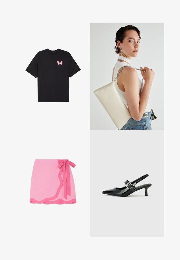 Svart bomullströja med korta ärmar, med en liten rosa fjärilsgrafik på vänster bröst. Rundad halsdesign med en avslappnad passform.; Rosa linnesvepande kjol med en vågig fåll, som har ett kontrasterande mörkare rosa knytband i midjan och en slät textur.; Svarta patentläder slingback-klackar med spetsig tå och en liten blockklack, med en silvrig spänneaccent på remmen.; Vitt rektangulärt clutch-väsk i glänsande material, med en kedjesnor i silver. Modellen poserar och visar upp väskan mot en neutral bakgrund.