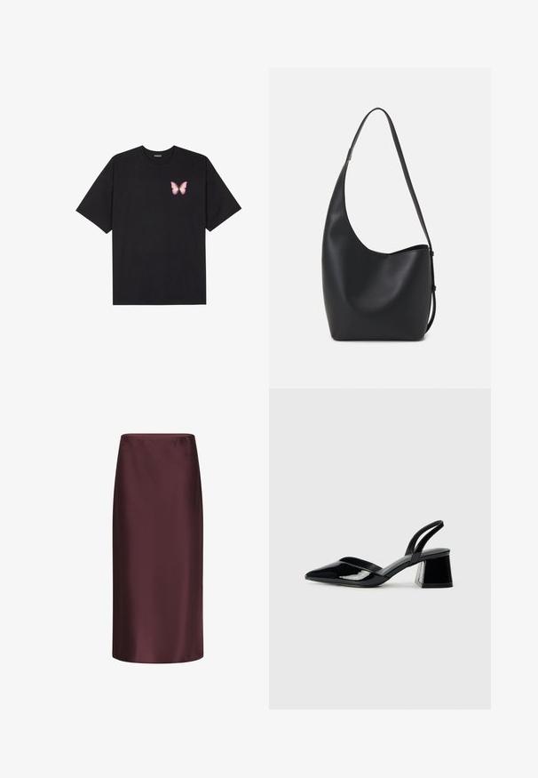 Čierne bavlnené tričko s krátkymi rukávmi, s malým ružovým motýlikom na ľavej hrudi. Design s okrúhlym výstrihom a uvoľneným strihom.; Bordová saténová ceruzková sukňa s hladkou textúrou, stredne dlhý strih a priliehavý silueta, so jemným leskom.; Čierne lakované kožené sandálové podpätky s špicatou špičkou a geometrickým blokovým podpätkom. Disponujú elegantným, minimalistickým dizajnom a hladkým povrchom.; Čierna kožená hobo taška so hladkou textúrou, zakriveným tvarom a jedným nastaviteľným popruhom; má široké otvorenie na vrchu.