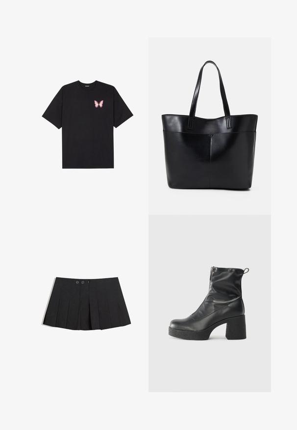 Fekete pamut póló rövid ujjakkal, bal mellkason egy kis rózsaszín pillangó grafikával. Kerek nyakú kialakítás, laza fazonnal.; Fekete plisszírozott szoknya anyagból, két elülső gombbal, cipzáras záródással és egyenes szegéllyel.; Fekete bokacsizmák sima bőrből, oldalsó cipzárral, vastag, texturált sarkú és lekerekített orrú dizájnnal.; Fekete bőr bevásárlótáska két hosszú fogantyúval, sima felülettel és strukturált formával. Elülső zseb található rajta a plusz tárolás érdekében.