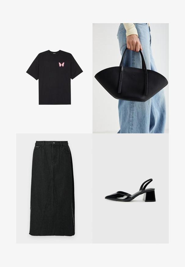 Sort bomulds T-shirt med korte ærmer, prydet med en lille pink sommerfugl grafik på venstre bryst. Rund hals design med en afslappet pasform.; Sort denimnederdel med høj talje, lige snit og unikke skrå sømme. Har sideslids og knaplukning i taljen.; Sorte patentlæder slingback hæle med spids tå og en geometrisk blok hæl. Har et elegant, minimalistisk design og en glat tekstur.; Sort læderhåndtaske med en unik vifteform, der har flade håndtag. Overfladen har en pebblelignende tekstur og et minimalistisk design.