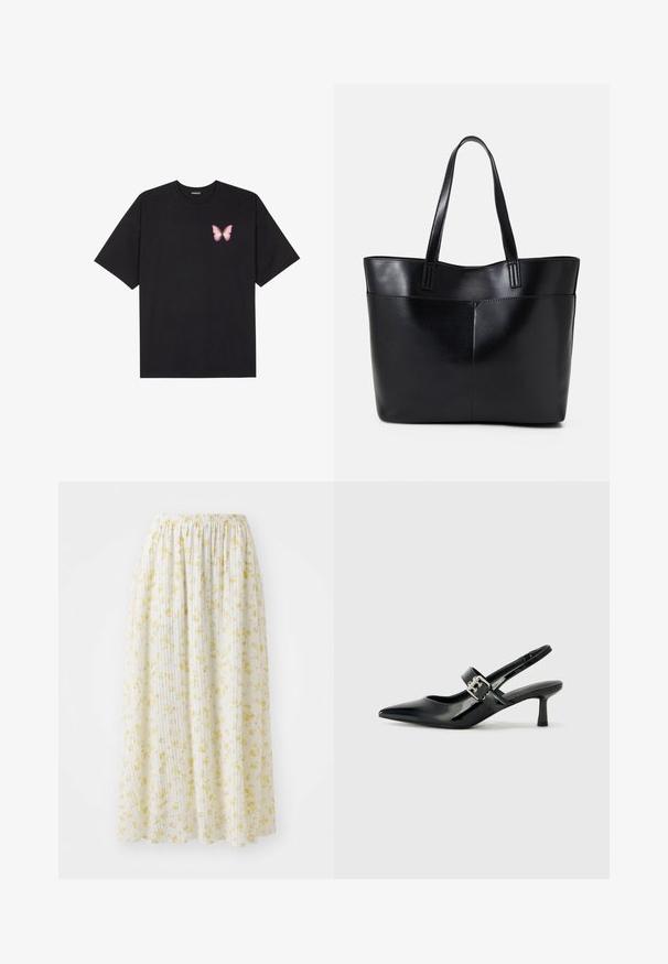 Black cotton t-shirt with short sleeves, featuring a small pink butterfly graphic on the left chest. Crew neck design with a relaxed fit.; White floral midi skirt with yellow flower prints, elastic waistband, and a pleated texture, made from lightweight, flowy fabric.; Black patent leather slingback heels with a pointed toe and a small block heel, featuring a silver buckle accent on the strap.; Black leather tote bag with two long handles, a smooth texture, and a structured shape. Features a front pocket for additional storage.