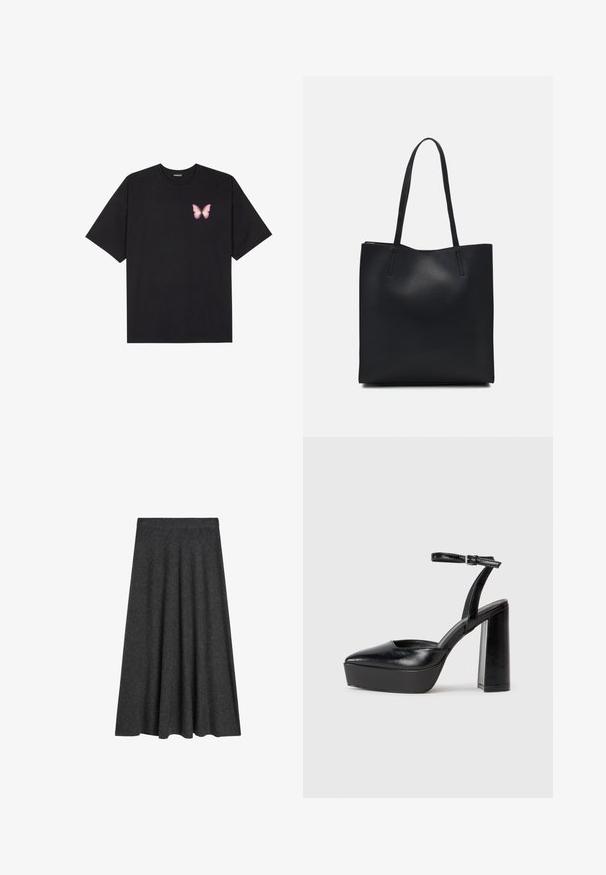 T-shirt nera in cotone con maniche corte, caratterizzata da una piccola grafica di una farfalla rosa sul lato sinistro del petto. Design a girocollo con una vestibilità rilassata.; Gonna a ruota di lunghezza al ginocchio in misto lana grigio scuro, caratterizzata da una trama liscia e una vita elasticizzata per comfort e facilità d'uso.; Tacchi a piattaforma neri con punta appuntita e cinturino regolabile alla caviglia. Realizzati in pelle liscia, presentano un tacco a blocco spesso.; Borsa tote in pelle nera con texture liscia, forma rettangolare e due manici lunghi. Nessun hardware o decorazione visibile.