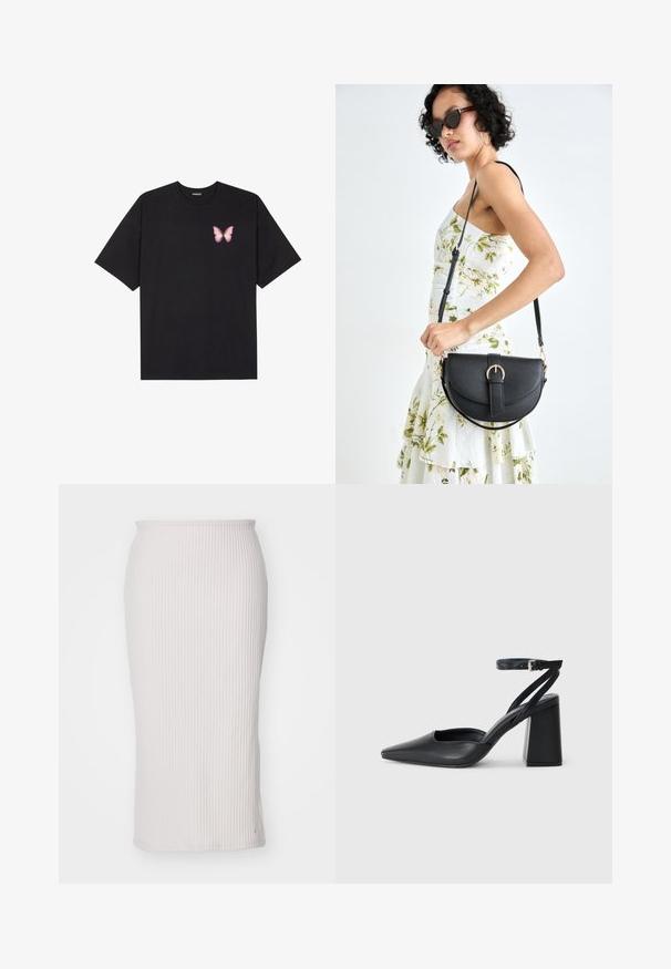 Črna bombažna majica s kratkimi rokavi, ki ima majhen roza metuljček na levi strani prsnega dela. Majica s krožnim ovratnikom in sproščenim krojem.; Nike Sportswear SKIRT - Ozko oprijeto krilo - light orewood; Črne usnjene klasične čevlje z ostrim nosom, z zaponko za gleženj in debelim peto. Ravna tekstura, eleganten dizajn in minimalistična estetika.; Črna usnjena torbica s ukrivljeno obliko, z odstranljivo naramnico in zlatimi dodatki. Torbica ima pokrov s podrobnostmi v obliki zaponke.