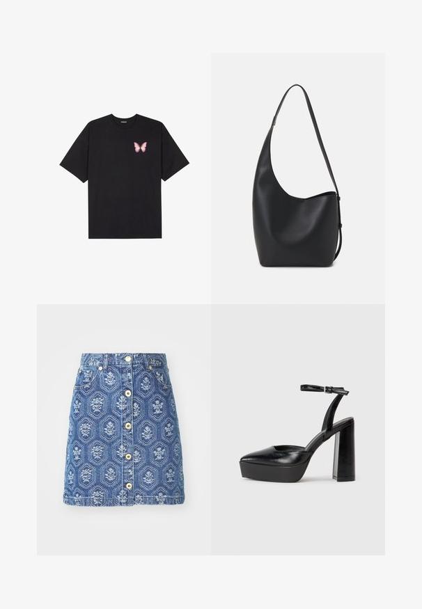 T-shirt de algodão preto com mangas curtas, apresentando um pequeno gráfico de borboleta rosa no lado esquerdo do peito. Design de gola redonda com um corte solto.; Saia de ganga com um padrão floral azul, apresentando um fecho frontal com botões e bolsos, formato em A e detalhes de costura em contraste.; Saltos altos pretos com bico fino e atilho ajustável no tornozelo. Confeccionados em couro suave, apresentam um salto bloco robusto.; Saco hobo preto em pele com uma textura lisa, forma curva e uma única alça ajustável; apresenta uma abertura larga na parte de cima.