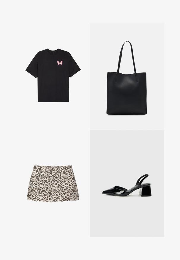 T-shirt nera in cotone con maniche corte, caratterizzata da una piccola grafica di una farfalla rosa sul lato sinistro del petto. Design a girocollo con una vestibilità rilassata.; Gonna mini in denim con stampa leopardata e orlo sfilacciato, dotata di tasche frontali e vita classica con due bottoni metallici.; Décolleté in vernice nera con punta affusolata e tacco in geometria cubica. Presentano un design elegante e minimalista, con una texture liscia.; Borsa tote in pelle nera con texture liscia, forma rettangolare e due manici lunghi. Nessun hardware o decorazione visibile.