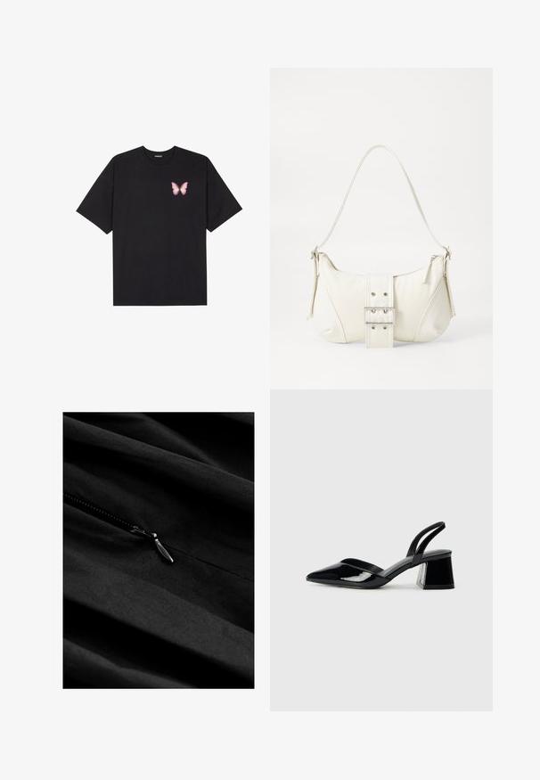 Crna pamučna majica s kratkim rukavima, s malim grafičkim prikazom ružičaste vjetricaste s desne strane na prsima. Dizajn s okruglim izrezom i opuštenim krojem.; Crna tkanina s suptilnom teksturom, koja ima zatvaranje na zip. Patent zatvarač ima metalnu vuču, smještenu uz glatki, drapirani materijal.; Crne lakirane kožne sandale s otvorenom petom i špicastim vrhom, s geometrijskom blok petom. Imaju elegantan, minimalistički dizajn i glatku teksturu.; Bijela torbica s teksturiranim završetkom, središnjim detaljem kopče i zakrivljenim oblikom. Rajsferšlusi sa svake strane.