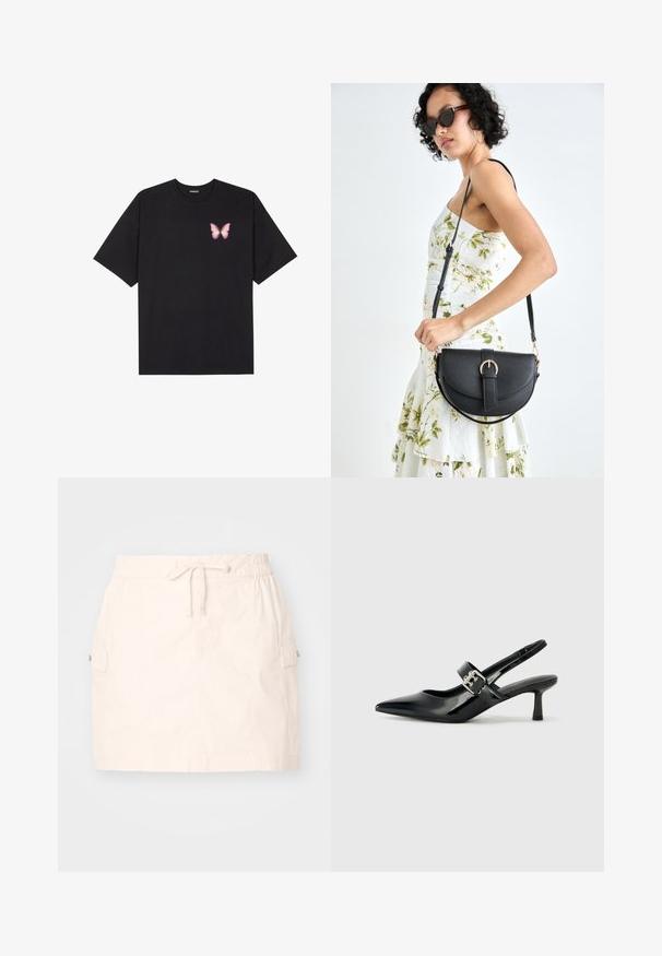 Juodas medvilnės marškinėliai trumpomis rankovėmis, su maža rožine drugelio grafika kairėje krūtinės pusėje. Apvalus kaklo iškirpimas, laisvas kirpimas.; Šviesiai smėlio spalvos medvilninė sijonas su elastinga juosmens juosta su virvutėmis, dviem šoniniais kišenėmis ir tiesios kirpimo dizainu. Lygi tekstūra.; Juodai lakuoti slingback aukštakulniai su smailiu kojų pirštu ir mažais blokiniais kulniukais, su sidabro sagtimi ant dirželio.; Juodas odinis krepšys su išlenkta forma, nuimamu dirželiu ir auksiniais detalėmis. Krepšys turi kilpą su sagtimi.