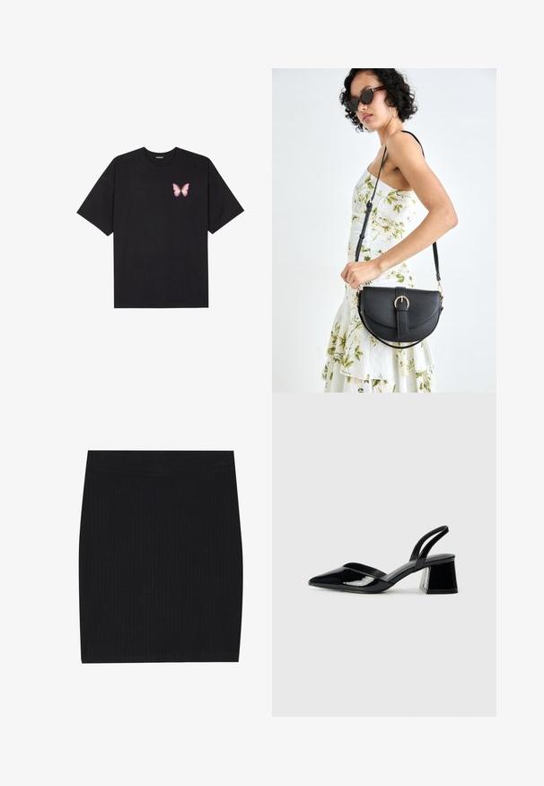 Melna kokvilnas T-krekls ar īsām piedurknēm, kuram priekšā kreisajā pusē ir neliels rozā tauriņa grafiskais attēls. Ar apaļu kaklu un brīvā stila piegriezumu.; Melnā ribota adīta mini svārku ar pieguļošu dizainu, gludu tekstūru un elastīgu jostasvietu ērtībai.; Melna lakota āda ar atvērto papēdi, ar smailu purngalu un ģeometrisku blokpapēdi. Iezīmējas elegants, minimāls dizains un gluda tekstūra.; Melnas ādas rokassoma ar izliekta formu, noņemamu siksnu un zelta aksesuāriem. Somai ir vāciņš ar sprādzes detaļu.