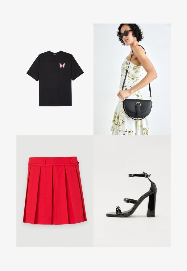 Black cotton t-shirt with short sleeves, featuring a small pink butterfly graphic on the left chest. Crew neck design with a relaxed fit.; Red pleated skirt made from fabric with a smooth texture. Features a waistband with belt loops and structured pleats for added volume.; Black patent heeled sandals with a square toe, ankle straps, and silver buckles. Features a chunky block heel for stability.; Black leather handbag with a curved shape, detachable strap, and gold hardware. The bag features a flap with a buckle detail.