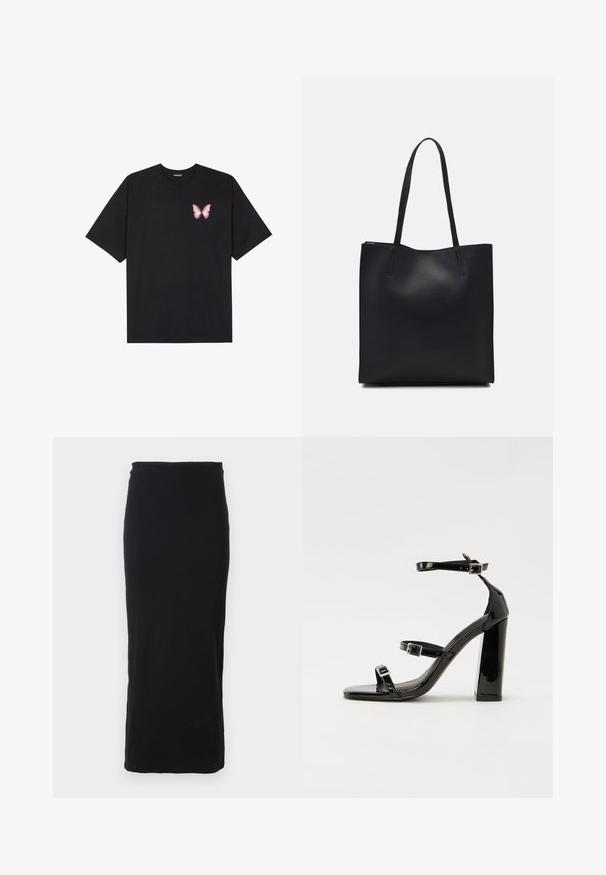 Svart bomulls T-skjorte med korte ermer, med en liten rosa sommerfugl grafikk på venstre bryst. Crew-neck design med en avslappet passform.; Svart, ribbet, kneelengde, tettsittende skjørt med elastisk midje; glatt tekstur og enkelt, udekorerte design.; Svart høyglans sandaler med hæl, firkantet tå, ankelremmer og sølvspenner. Har en kraftig blokkhæl for stabilitet.; Svart lær tote bag med glatt tekstur, rektangulær form og to lange håndtak. Ingen synlige deler eller dekorasjoner.