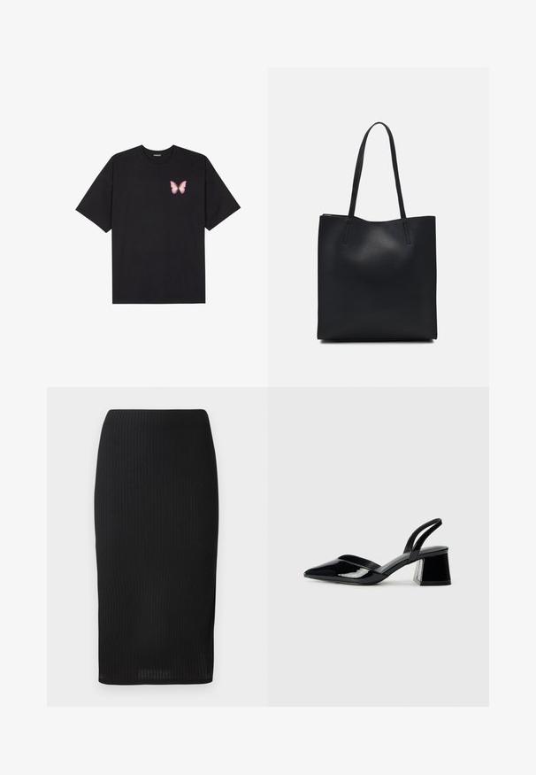 T-shirt en coton noir à manches courtes, avec un petit graphique de papillon rose sur la poitrine gauche. Modèle à col rond avec une coupe décontractée.; Jupe crayon noire côtelée au design ajusté, avec une texture lisse et une coupe mi-longue. Taille simple sans embellissements.; Escarpins en cuir verni noir avec bout pointu et talon bloc géométrique. Présente un design élégant et minimaliste ainsi qu'une texture lisse.; Sac fourre-tout en cuir noir avec une texture lisse, de forme rectangulaire et deux longues poignées. Pas de matériel ou d'ornementations visibles.