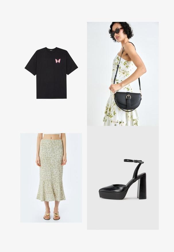 Schwarzes Baumwoll-T-Shirt mit kurzen Ärmeln, das ein kleines pinkes Schmetterlingsmotiv auf der linken Brust zeigt. Crewneck-Design mit einem entspannten Schnitt.; Koton MIDI - A-Linien-Rock - green; Schwarze Plateau-High Heels mit spitzem Zeh und verstellbarem Knöchelriemen. Gefertigt aus glattem Leder und mit einem klobigen Blockabsatz.; Schwarze Lederhandtasche mit geschwungener Form, abnehmbarem Tragegurt und goldenen Beschlägen. Die Tasche verfügt über einen Deckel mit einer Schnallen-Details.