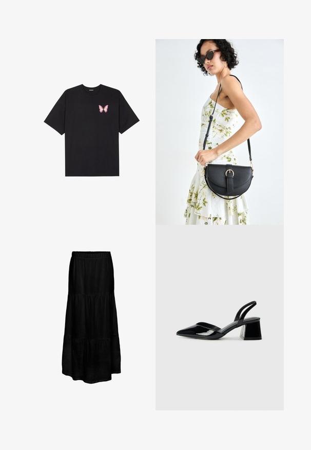 Czarny bawełniany t-shirt z krótkim rękawem, z małym różowym motylkiem na lewej piersi. Klasyczny dekolt z luźnym fasonem.; Czarna, warstwowa maxi spódnica z elastycznym paskiem, wykonana z lekkiego materiału, o teksturowanym wykończeniu i płynnej sylwetce.; Czarne lakierowane półbuty na obcasie z wydłużonym noskiem i geometrycznym słupkiem. Charakteryzują się eleganckim, minimalistycznym designem oraz gładką fakturą.; Czarna skórzana torebka o zakrzywionym kształcie, z odpinanym paskiem i złotymi akcentami. Torebka posiada klapę z zapięciem w kształcie klamry.