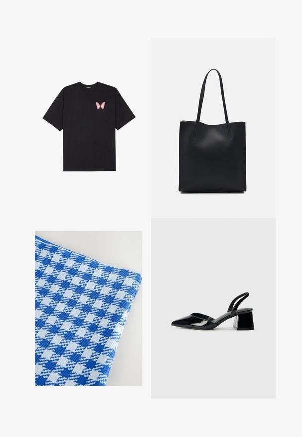T-shirt nera in cotone con maniche corte, caratterizzata da una piccola grafica di una farfalla rosa sul lato sinistro del petto. Design a girocollo con una vestibilità rilassata.; Tessuto a motivo houndstooth blu e blu chiaro con un design a maglia testurizzata, caratterizzato da una finitura liscia e un aspetto morbido.; Décolleté in vernice nera con punta affusolata e tacco in geometria cubica. Presentano un design elegante e minimalista, con una texture liscia.; Borsa tote in pelle nera con texture liscia, forma rettangolare e due manici lunghi. Nessun hardware o decorazione visibile.